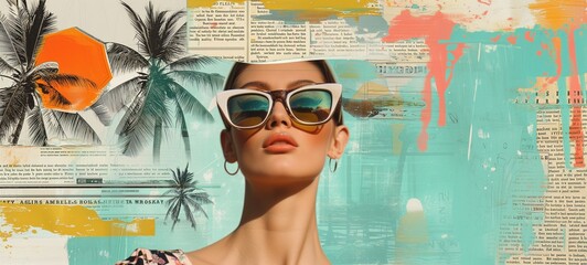 Chic summer mood board with a stylish woman in oversized sunglasses, featuring vintage cut-and-paste palm trees and vibrant abstract elements. - obrazy, fototapety, plakaty