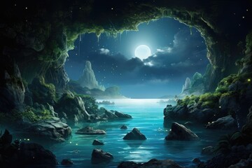 Moonlit Cave in Fantastical Seascape