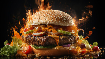 Floating hamburger with meat, cheese, tomatoes, lettuce, and splash of sauce isolated on dark background.