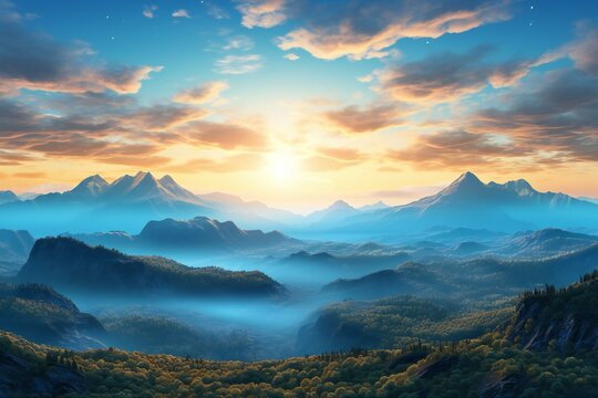 Fantasy landscape,  Mountain range and forest at sunset