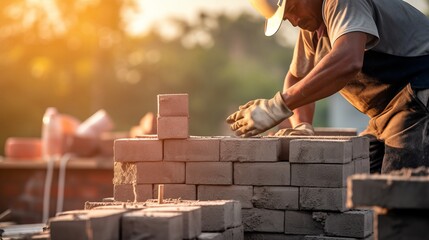 An industrial worker who works as a bricklayer is installing brick masonry on the exterior wall of a new house. - obrazy, fototapety, plakaty