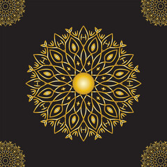 Luxury mandala design black background in gold color, Mandala design