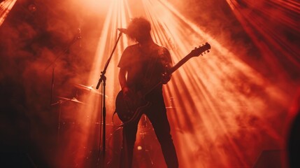 Silhouette of Guitarist on Stage with Red Backlighting