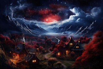 Obraz na płótnie Canvas Mountain Majesty, Remote Village Under the Starry Canopy