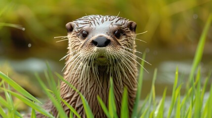 Fototapeta premium Close-up of a Wet Otter Emerging from Water Amidst Green Grass