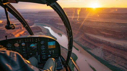 Pilot's Perspective: Helicopter Flight Over Canyon at Sunset