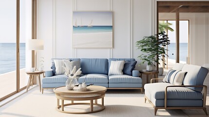 A coastal modern living room with a blue sofa and nautical-themed decor
