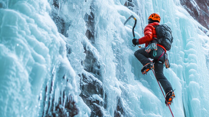 Conquering the Cold: Adventurer Ice Climbing a Frozen Waterfall with Equipment