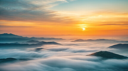 Naklejka na ściany i meble Foggy morning panoramic view of the mountains. Beautiful realistic vector landscape