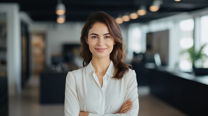 There is a businesswoman standing inside the office.