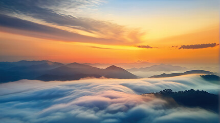 Fototapeta na wymiar Foggy morning panoramic view of the mountains. Beautiful realistic vector landscape
