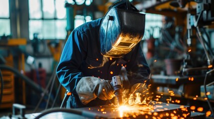 Industrial Welder Working with Protective Gear in a Workshop