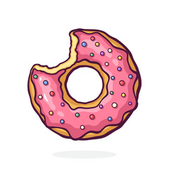 Bitten Donut with Pink Glaze and Colored Powder. Dessert Street Food. Vector Illustration. Hand Drawn Cartoon Clip Art With Outline. Graphic Element for Design. Isolated on White Background
