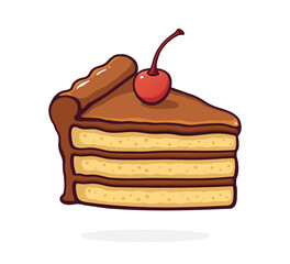 Piece of Cake with Chocolate Cream and Glaze and Cherry. Dessert Food. Vector Illustration. Hand Drawn Cartoon Clip Art With Outline. Graphic Element for Design. Isolated on White Background