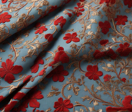 Close up textura de tela color azul con detalles de encaje de flores rojas con adornos dorados. Fondo Tejido decorativo visualmente atractivo