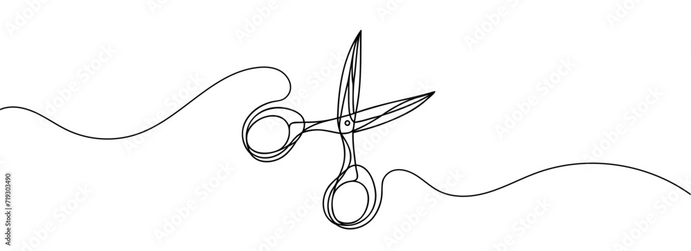 Poster continuous scissors with one line on a white background.