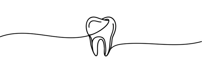 Continuous line drawing of tooth. Tooth line icon. One line drawing background. Vector illustration.