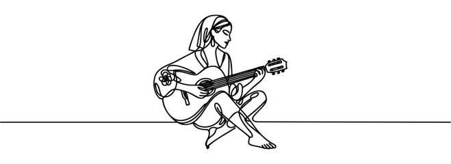 girl with guitar one continuous line drawing - obrazy, fototapety, plakaty