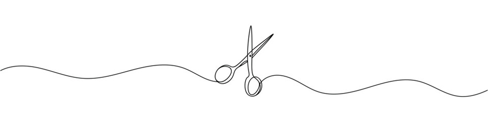 Continuous scissors with one line on a white background. - obrazy, fototapety, plakaty