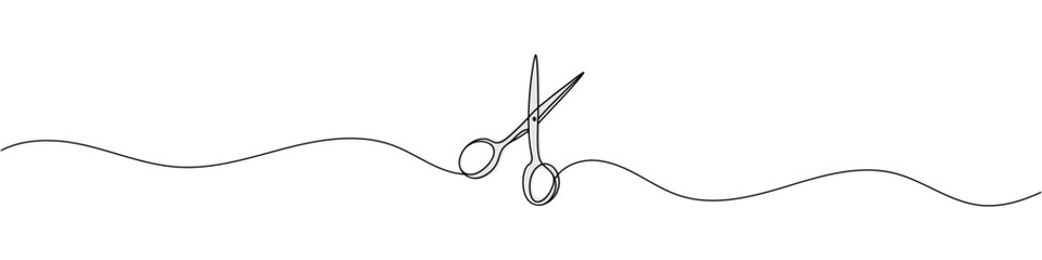 Continuous scissors with one line on a white background. - obrazy, fototapety, plakaty
