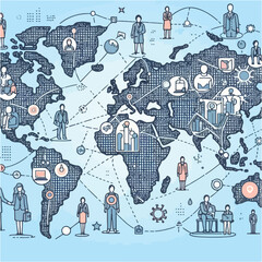 An image depicting business people on a world map with icons, symbolizing a concept of global business.