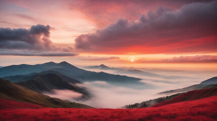 Foggy morning panoramic view of the mountains. Beautiful realistic vector landscape