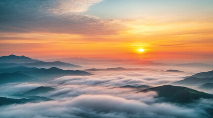 Naklejka na ściany i meble Foggy morning panoramic view of the mountains. Beautiful realistic vector landscape