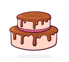 Double Tiered Cream Cake with Chocolate Glaze. Vector Illustration. Dessert Food. Hand Drawn Cartoon Clip Art With Outline. Graphic Element for Design. Isolated on White Background