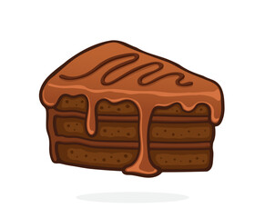 Piece of Cake with Chocolate Glaze Cream and Fondant. Dessert Food. Vector Illustration. Hand Drawn Cartoon Clip Art With Outline. Graphic Element for Design. Isolated on White Background