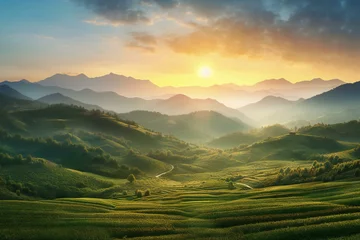 Papier Peint photo Rizières Terraced rice fields at sunset,  Nature landscape in the mountains