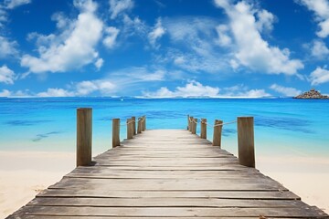 Wooden pier on tropical beach at Seychelles, Mahe - obrazy, fototapety, plakaty