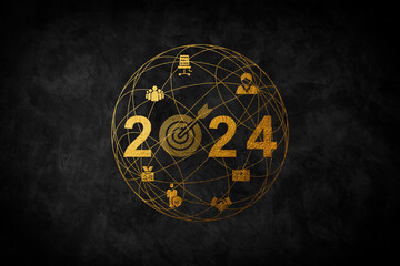 3d illustration of target 2024 with trophy and stack of coins, plan to achieve goals and success.