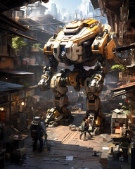 A new era unfolds as engineers master the art of intelligent mecha robots, working alongside city to restore balance - Generated by Generative AI