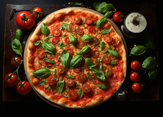 a pizza with red tomatoes and basil, in the style of large canvas format
