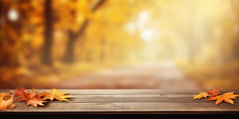 Naklejka na ściany i meble Autumn backdrop with empty wooden table.
