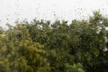 Water drops on window. Drops of rain on the window glass on blurred background. the glass window in the rainy day and green blur background outside