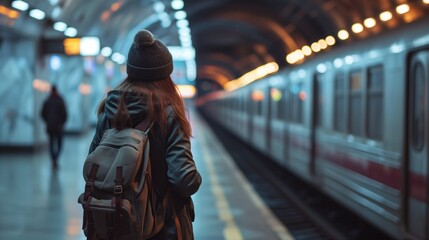 Rear view of young female backpacker stand on platform waiting subway train in underground station. woman tourist watch metro, generative ai