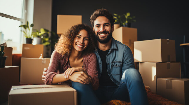 A happy couple embracing real estate, real estate investment or buying an apartment. An excited man with a smile or a woman celebrating moving into an apartment together
