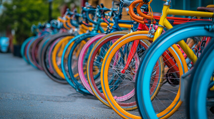 Outdoor Cycling Haven. Colorful Bicycles Lined up at a Bike Rack