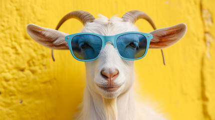 Closeup of white goat with deep blue sunglasses on yellow background - Powered by Adobe