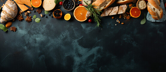 black stone table covered with toasted bread slices and vegetables, in the style of dark orange and aquamarine - obrazy, fototapety, plakaty