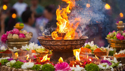 Traditional Indian Ritual Fire with Offerings