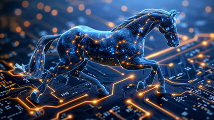 blue digital horse made of connected dots and lines with orange highlights, galloping on a circuit board with glowing orange lines