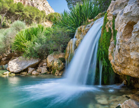 Waterfall at the Font de La Favara public park in La Nucia town, Alicante province, Spain
