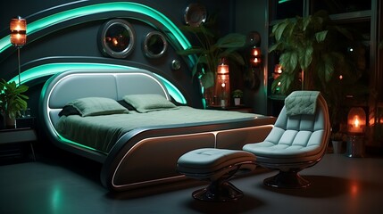 Retro-futuristic bedroom with metallic furniture and neon lighting