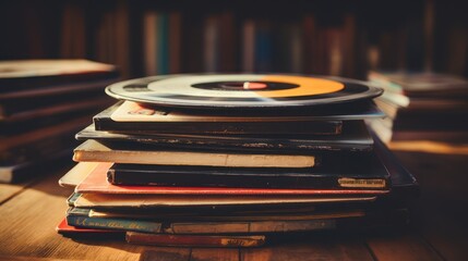 Stack of vintage vinyl record albums, classical music media.