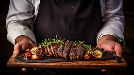 A wooden board is being used by the waiter to serve lamb offal garnished with sumac and onion.