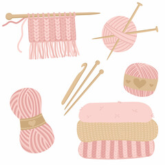 Vector set of knitting accessories. Knitting needles, ball of yarn and knitting needles.