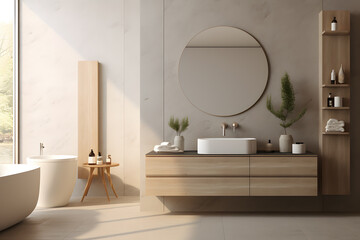 A bathroom with a minimalist wall-mounted mirror