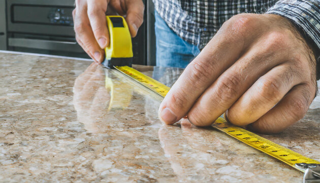 Young adult man hand holding measure tape and measuring surface of beige stone tabletop for stove top or sink hole cutting or sawing. New kitchen furniture. Closeup. Front view. Renovation process